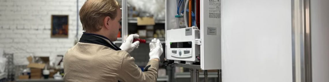 Technician inspects and repairs a heating system in an industrial workshop setting.